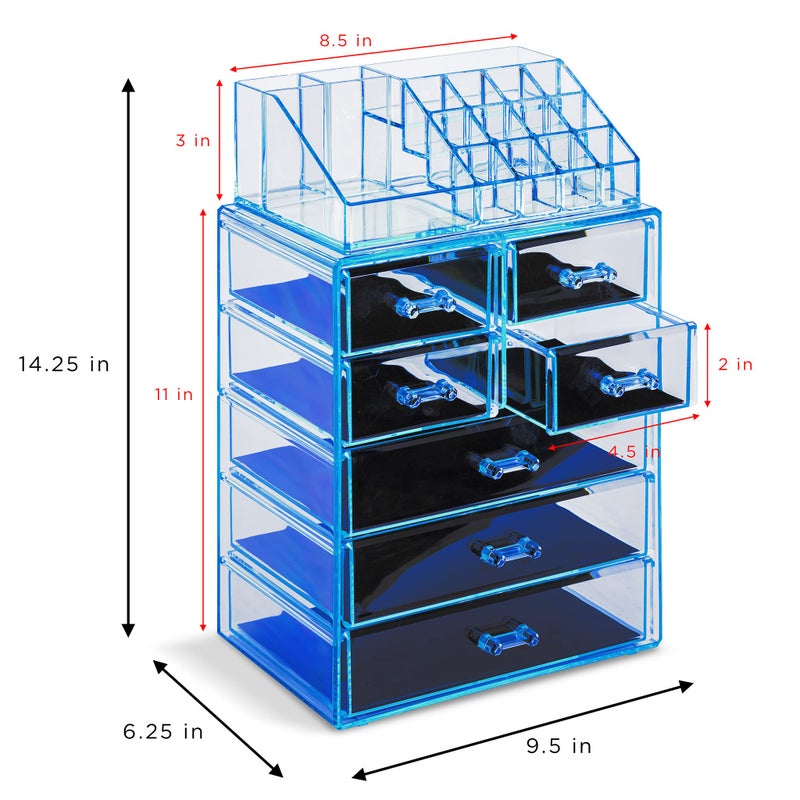 Sorbus Acrylic Makeup Organizer Set, 7-Drawer Vanity & Countertop Cosmetic Storage with Small & Wide Compartments, Blue Brilliance Makeup Storage for Brushes, Jewelry â€“ Holiday Gift for Women & Teens - Image 4